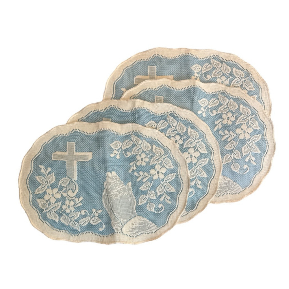 Vintage Praying Hands 4 Placemats Blue On Cream Easter Passover Spring Set Of 4